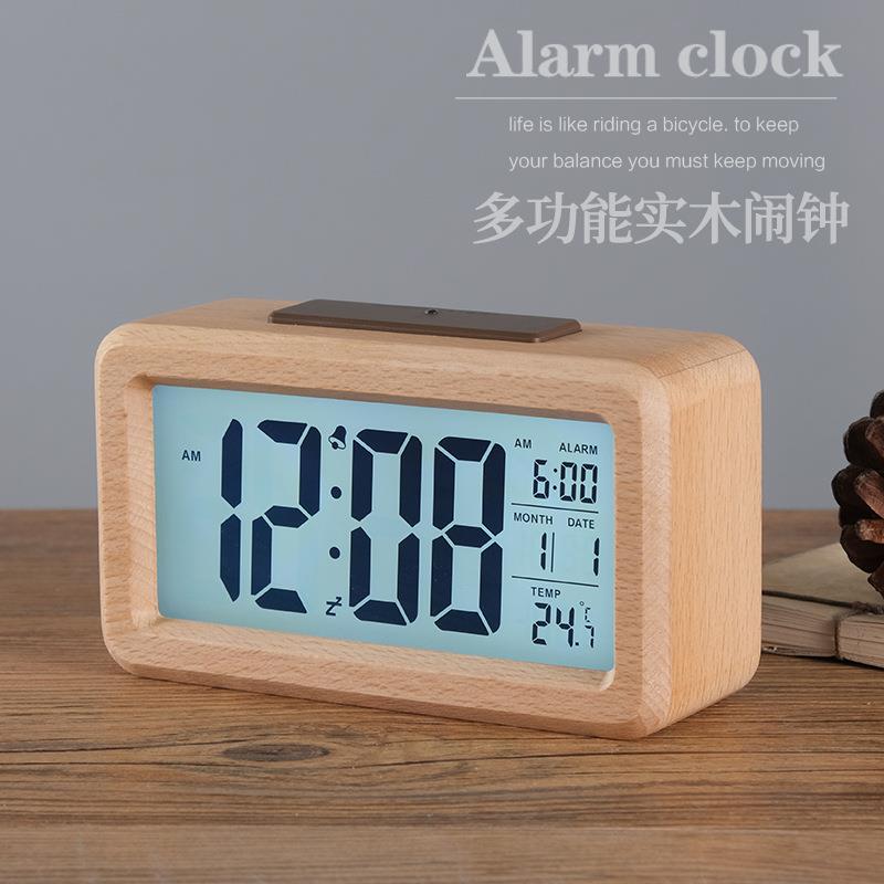 实木夜灯贪睡闹钟床头座钟学生用静音桌面钟时尚台面时钟台钟