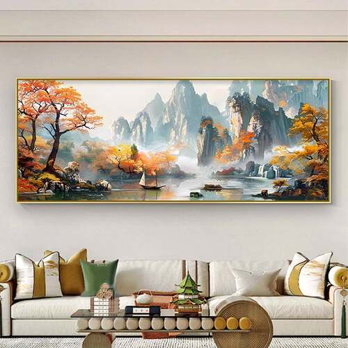 一帆风顺客厅装饰画风景挂画大气山水聚宝盆书房办公室靠山图壁画