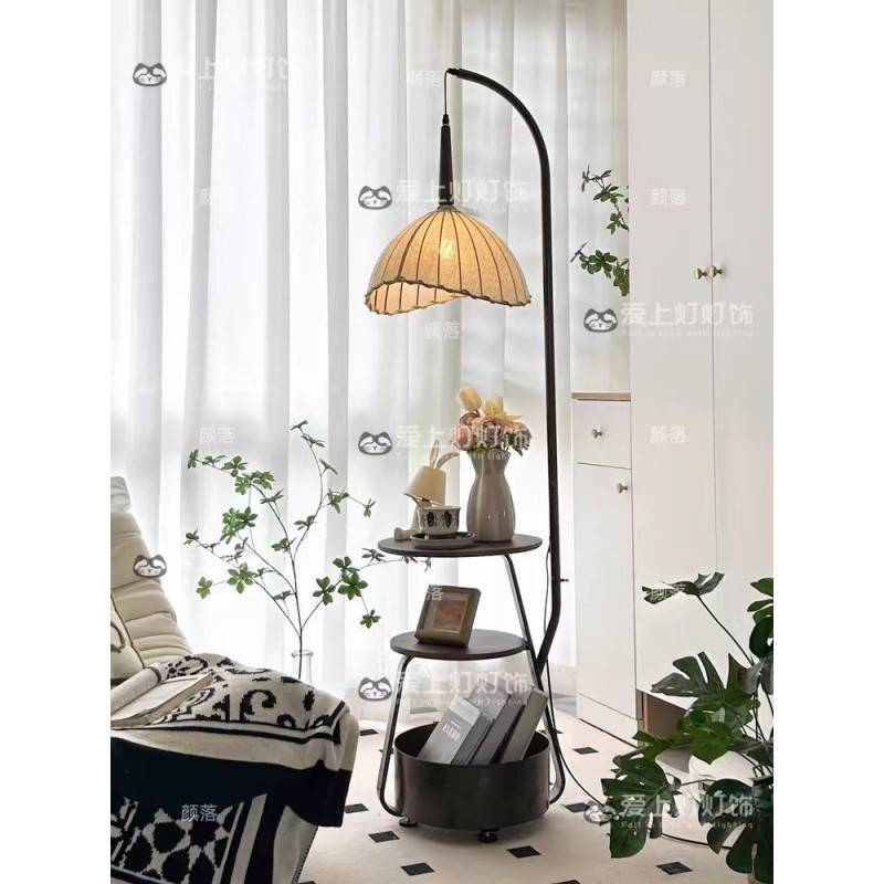 dnd2024新款复古落地灯置物架一体中古风卧室法式客厅沙发边几氛