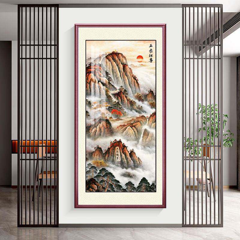 聚宝盆山水国画走廊入户玄关过道挂画竖版办公室装饰画客厅靠山图