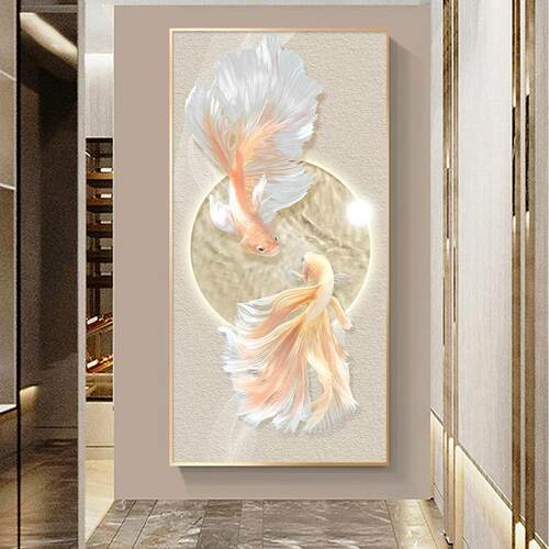 好运锦鲤入户玄关装饰画新款创意高档客厅挂画轻奢走廊过道壁画