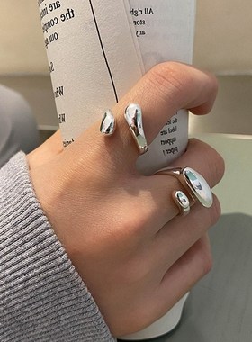 潮流嘻哈新款几何型戒指简约女式金色质感开口S调节女生食指指环