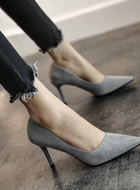 2021新款法式黑色小高跟鞋女春秋C款女鞋夏细跟网红工作鞋礼服单