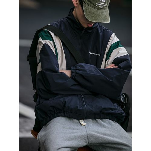 美式复古潮牌拼接立领冲锋衣外套男女百搭宽松休闲运动无帽夹克潮