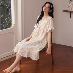 带胸垫短袖睡裙女2024u夏季新款A类双层棉纱碎花睡衣纯棉家居服