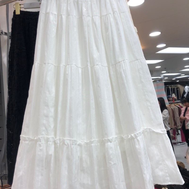 文艺A字小白裙女2025春夏棉质松紧高腰白色蛋糕褶皱小个子半身裙