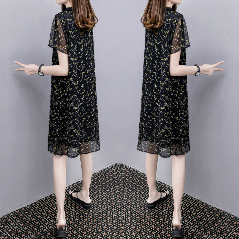 2021夏季新款网纱碎花印花裙子中长款V领宽松遮肉显瘦连衣裙女装