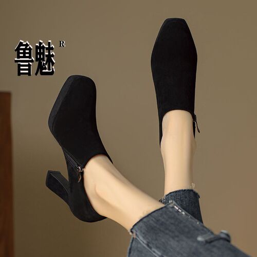 磨砂皮单鞋女粗跟深口女鞋2024新款百搭真皮O高跟皮鞋气质绒面鞋