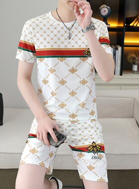 夏季男款套装冰丝薄款欧货提花潮牌短袖t恤五分裤搭配可外穿一套