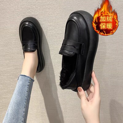 防滑女鞋工作鞋厨房女士软底不累脚黑色棉鞋冬加绒鞋W子工鞋女秋
