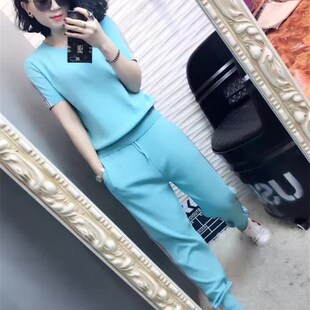 时尚 时髦长裤 冰丝针织休闲运动套装 潮韩版 两件套 女夏2021新款 夏季