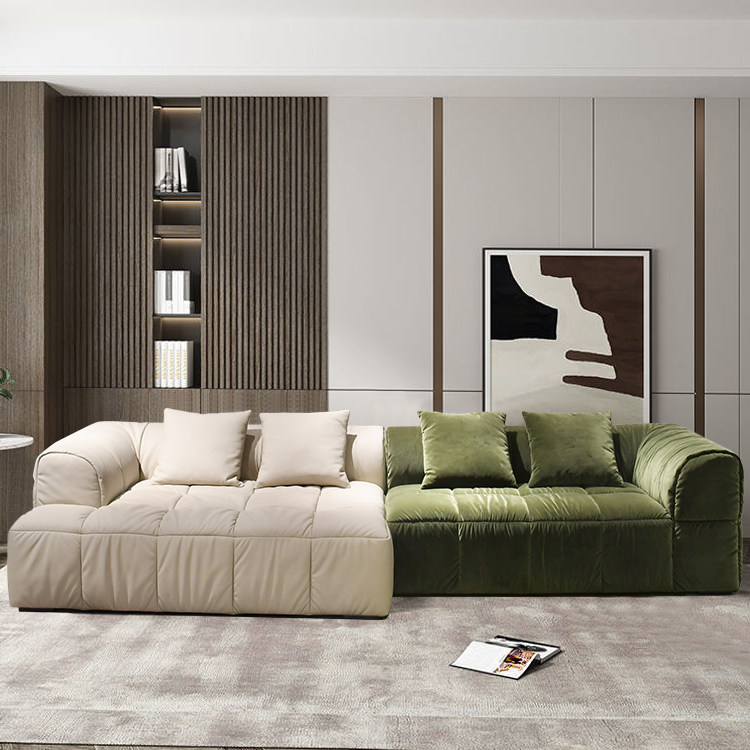 法式奶油复古风客厅休闲现代懒人云朵豆腐块N绿色拼色贵妃布艺沙