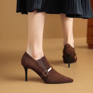 女尖头细跟时尚 弹力法式 单鞋 新款 小皮 20F24年秋季 气质绒面高跟鞋