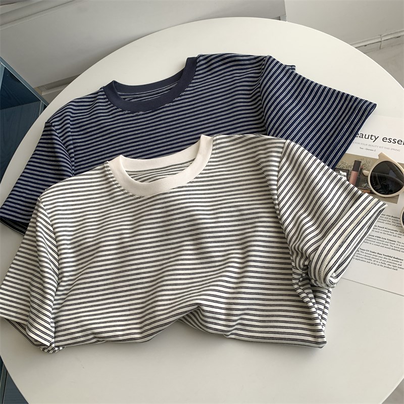 简约撞色细条纹开叉短袖T恤女夏装洋气宽松纯棉百搭显瘦打底上衣