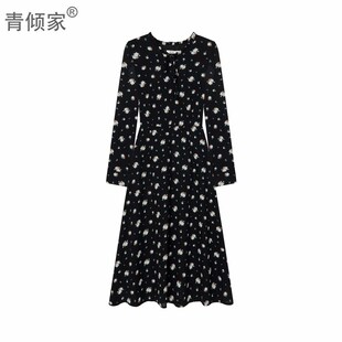 青倾家【花雾语】新款春款黑色碎花中长款连衣裙小清新雪纺感长裙