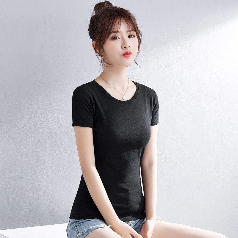 纯黑色小圆领短袖T恤女装夏天修身韩版百搭紧身白色打底衫体恤衫