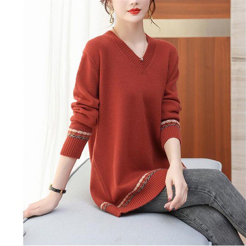 秋冬胖MM中长款V领针织毛衣女显瘦大码300斤宽松遮肚休闲长袖上衣