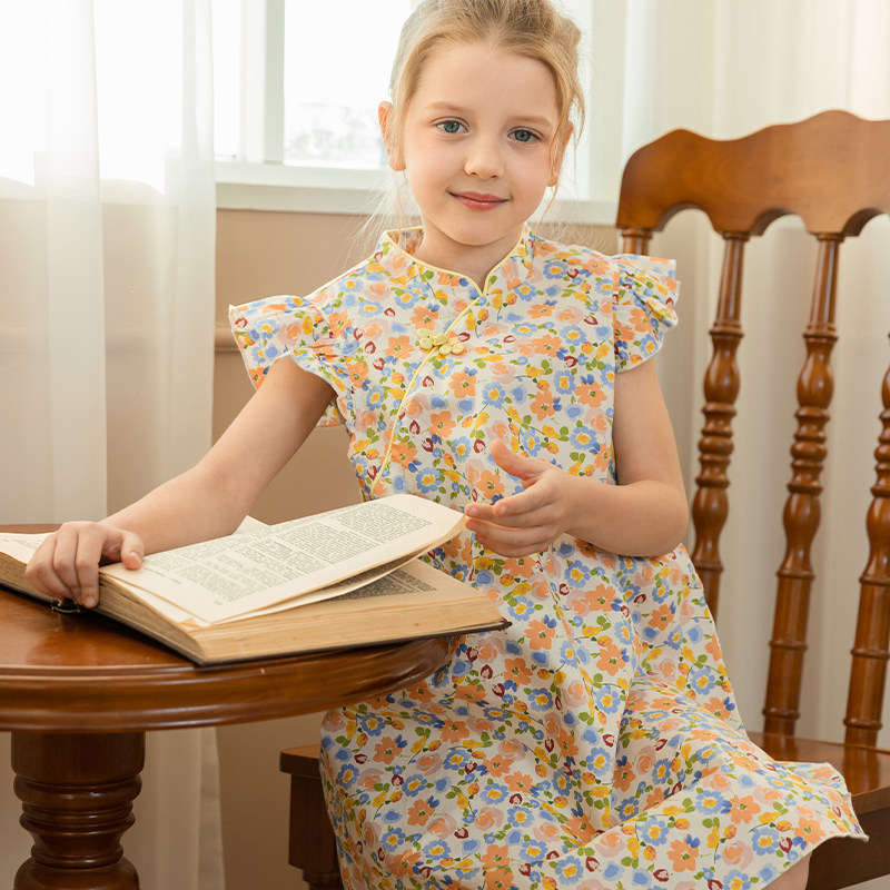 新中式女童夏季短袖连衣裙2024新款纯棉中国风旗袍高级感碎花裙子