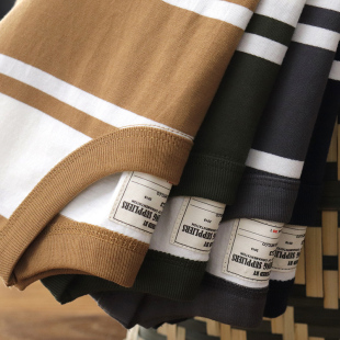 230g定织蓝白条纹t恤男女日系复古宽松休闲纯棉短袖体恤衫夏季潮