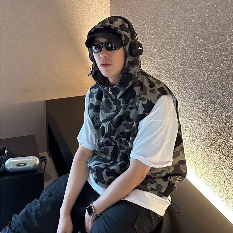 加大码300斤潮牌休闲男装无袖马甲外套迷彩百搭连帽拉链情侣背心2