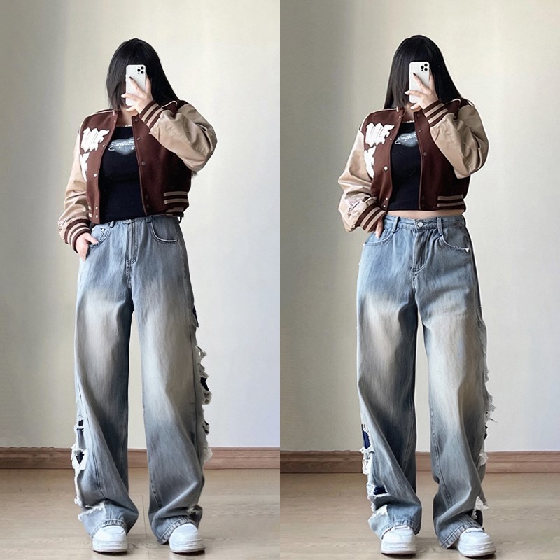 300斤大码复古做旧直筒牛仔裤女胖mm设计感破洞女裤显瘦阔腿裤子