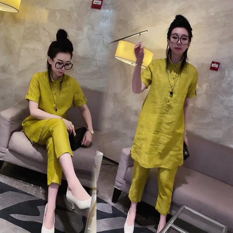 网红爆款棉麻时尚套装女2023年春夏新款韩版显瘦中长款上衣+裤子