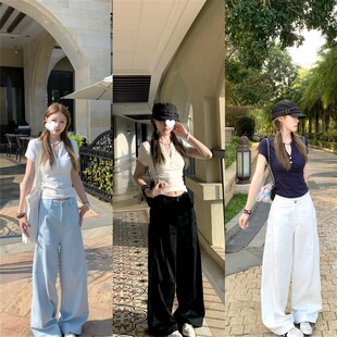 Oguuo 复古美式宽松阔腿牛仔裤女春季高腰百搭长裤白色休闲直筒裤