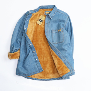 厚重潮男日系复古水洗春秋加绒加厚多口袋外穿牛仔衬衫外套有大码