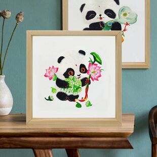 大熊猫蜀绣手工双面绣工艺品中国特色文化莲花相框摆件礼品包邮