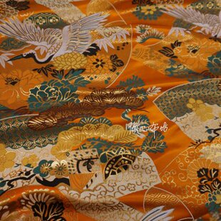 新桔色橘金黄织金仙鹤扇面中式和风西阵织面料加厚织锦缎子布料
