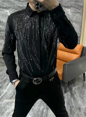 22758秋冬新款欧货男士内搭翻领烫钻长袖衬衫修身百搭商务休闲男