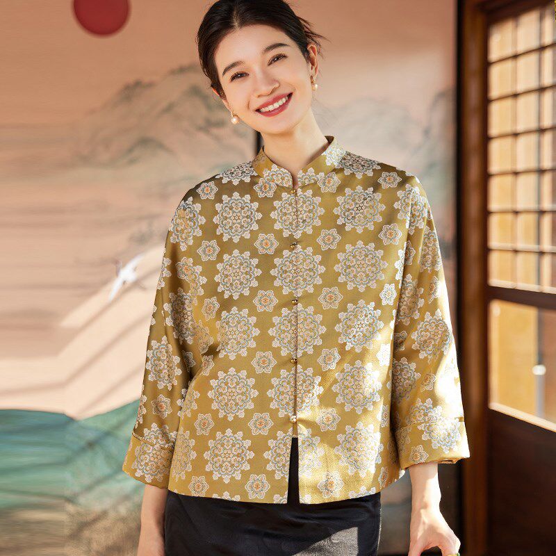 菲伊唐中式文艺复古改良外套对襟立领真丝宋锦提花单衣唐装女上衣