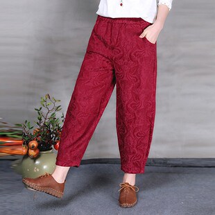中老年女裤 妈妈裤 大码 萝卜裤 子 休闲民族风棉麻提花阔腿裤 春秋新款
