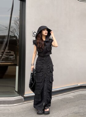 39261气质工装纯色套装女2025年春夏新款工装帅气休闲连帽上衣裙