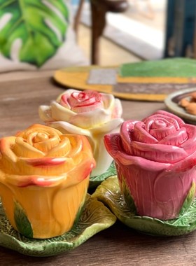 手工釉下彩玫瑰花陶瓷牙签罐牙签筒餐桌茶几摆件创意礼品摆件