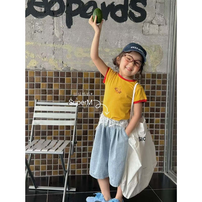 女童夏季新款韩版卡通印花T恤上衣圆领套头撞色打底短袖t贴身潮款