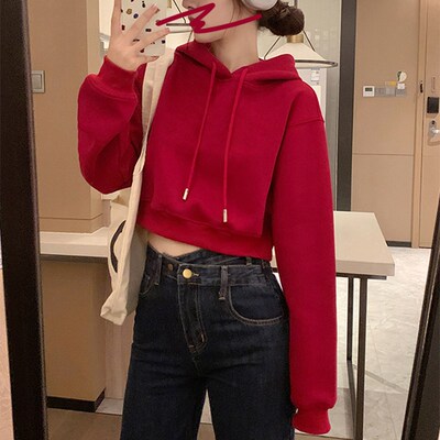超好看短款连帽红色卫衣女款秋冬加绒加厚2024新款爆款小个子上衣