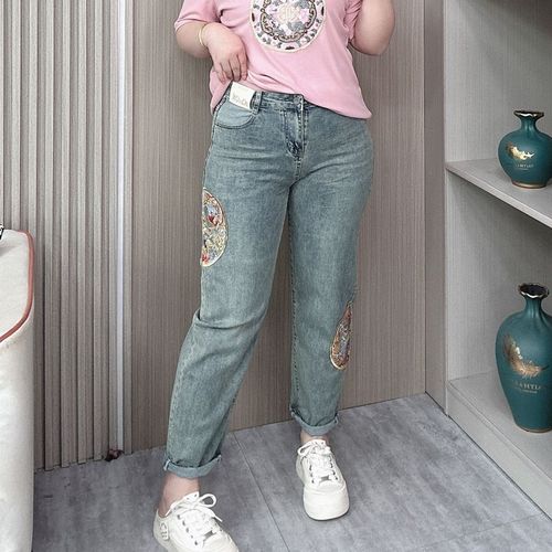 国风牛仔裤女2024春季新款大码女装胖mm宽松显瘦刺绣拼贴哈伦裤子