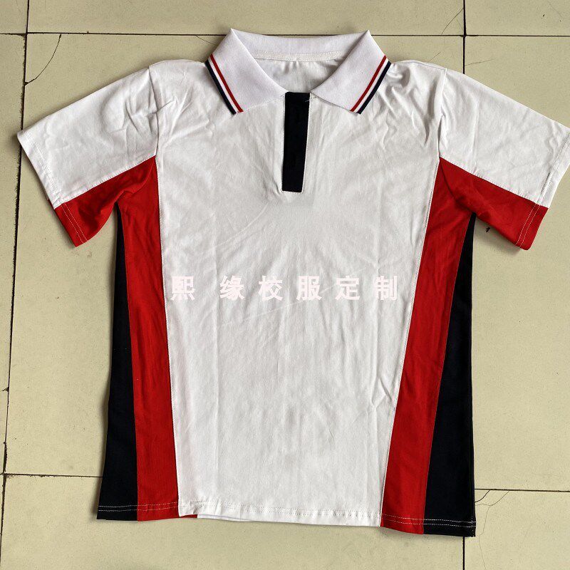 定制夏季校服半袖上衣藏蓝色拼接红白翻领T恤初高中小学生运动服