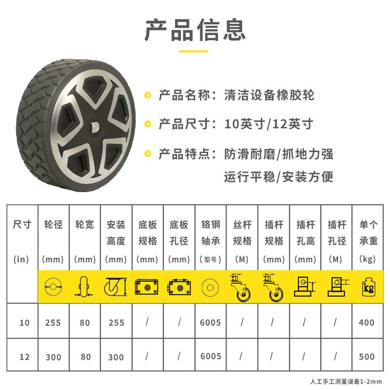 得貹厂家清洁设备轮10寸12寸橡胶轮铬钢轴承防滑耐磨机器设备轮