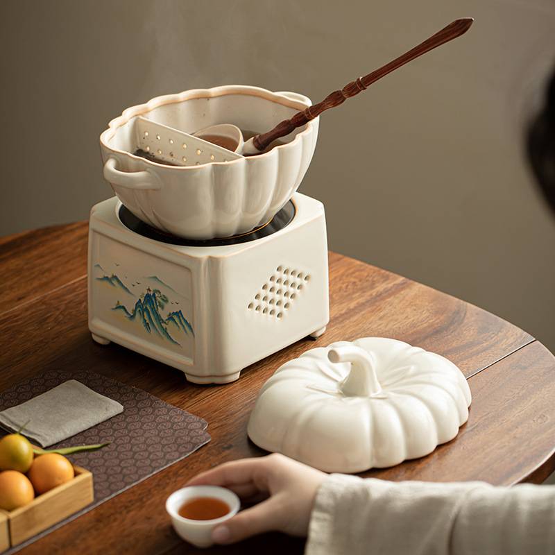 古法南瓜煲养生煮茶器带盖陶瓷罐苏打釉白茶煮茶碗围炉烤奶电陶炉