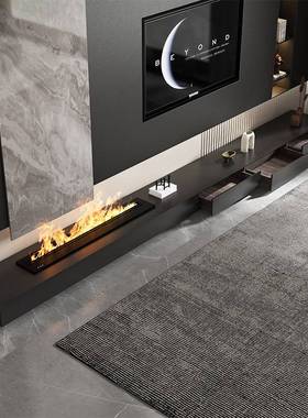 黑色岩板电视柜嵌入式火加湿壁炉长条可定地台抽屉现代简