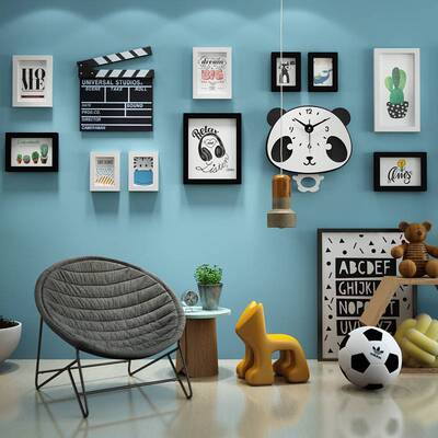 实木_7162_卡通实木照片墙儿童组合装饰相框熊猫摇摆钟表可换相片