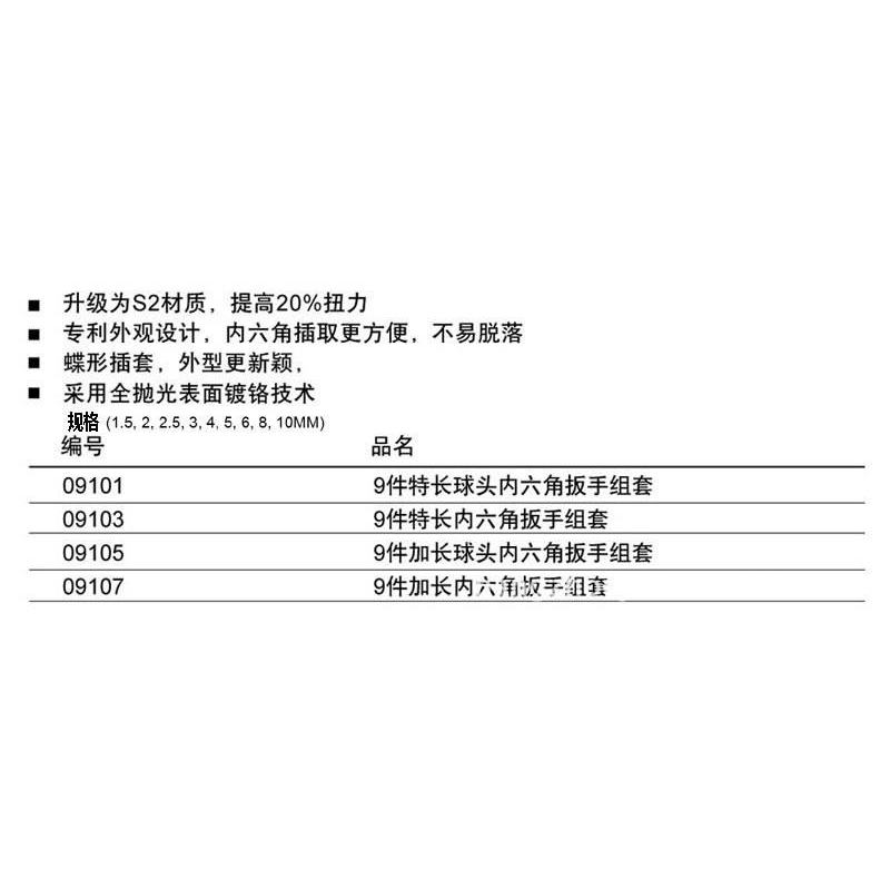 SATA世达工具 9件套特长球头内六角扳手 09101