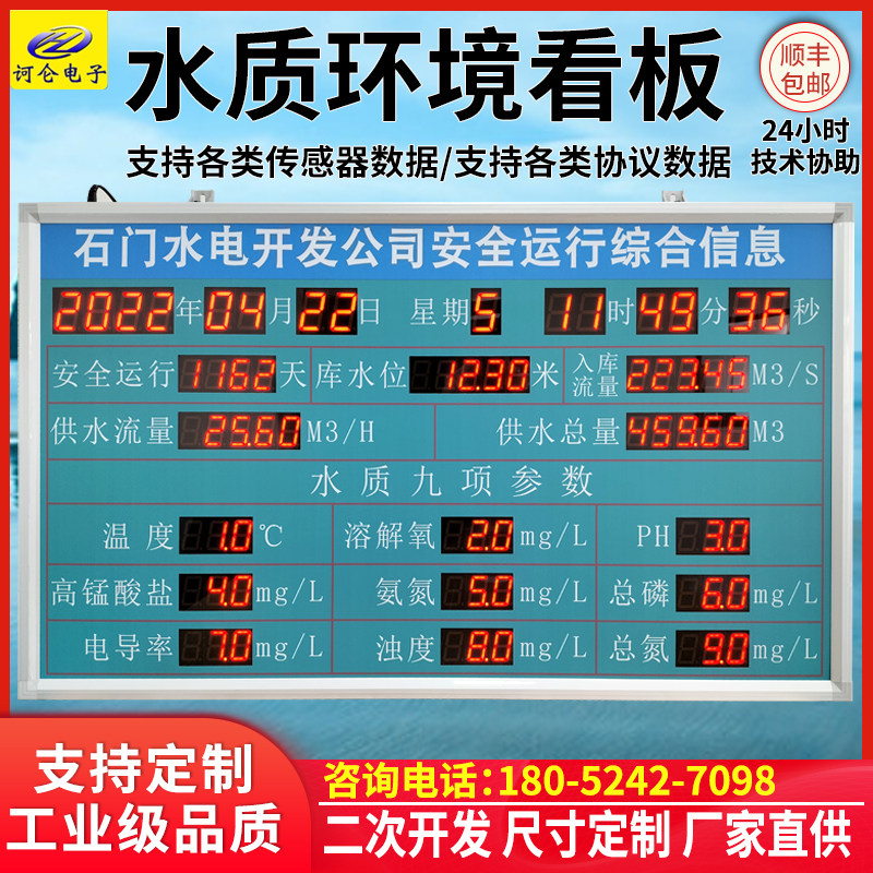 水质环境专用看板显示屏电子看板公示牌时钟屏室内计时PH值监测屏