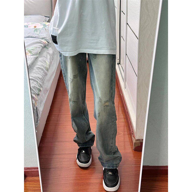 美式复古高个子加长磨破直筒牛仔裤女春秋季高腰显瘦阔腿拖地裤子