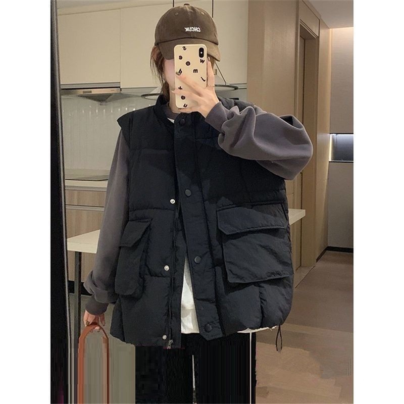 300斤大码宽松工装羽绒棉服马甲女秋冬季微胖mm背心坎肩马夹外套