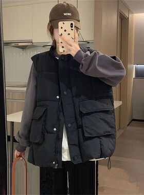 300斤大码宽松工装羽绒棉服马甲女秋冬季微胖mm背心坎肩马夹外套