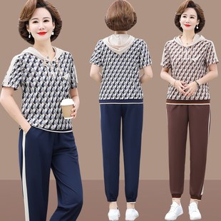 夏季 短袖 新款 50岁连帽休闲妈妈夏装 两件套女 中年女士运动套装
