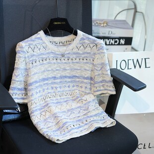 上衣A23 女式 冲潇潇文艺清新空心透气条纹圆领右肩短袖 针织t恤夏季